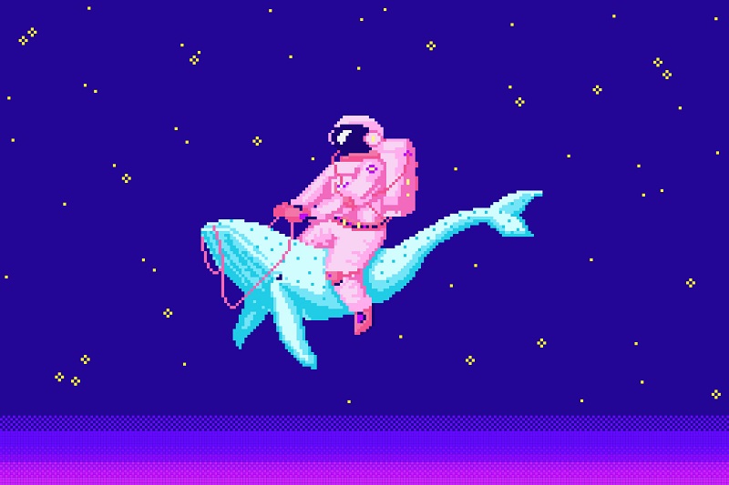 kosmonauta lecący na delfinie, pixel art